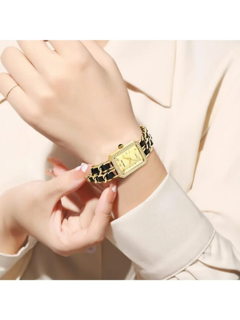 Women's Gold Square Adjustable Chain Braid Band Quartz Retro Dress Wrist Watch